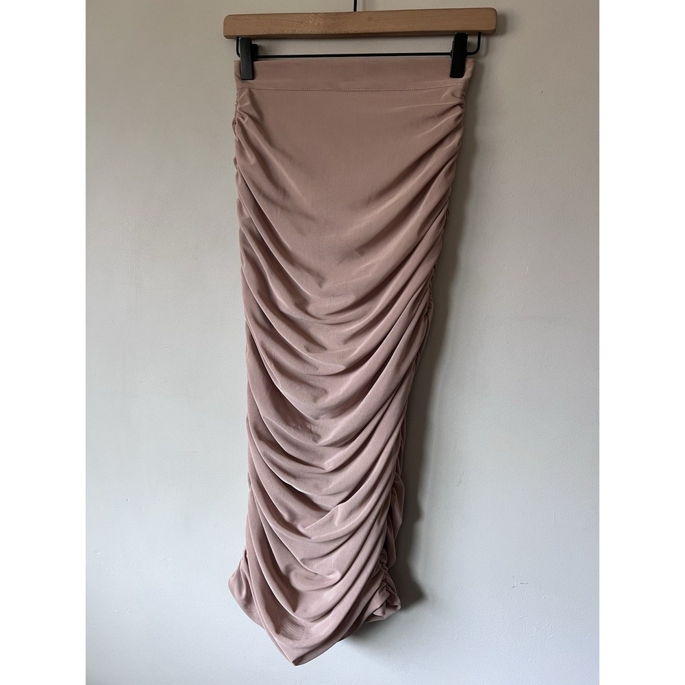 Misha Collection Avane Mesh Midi Skirt Women's Size S Beige Nude Ruched